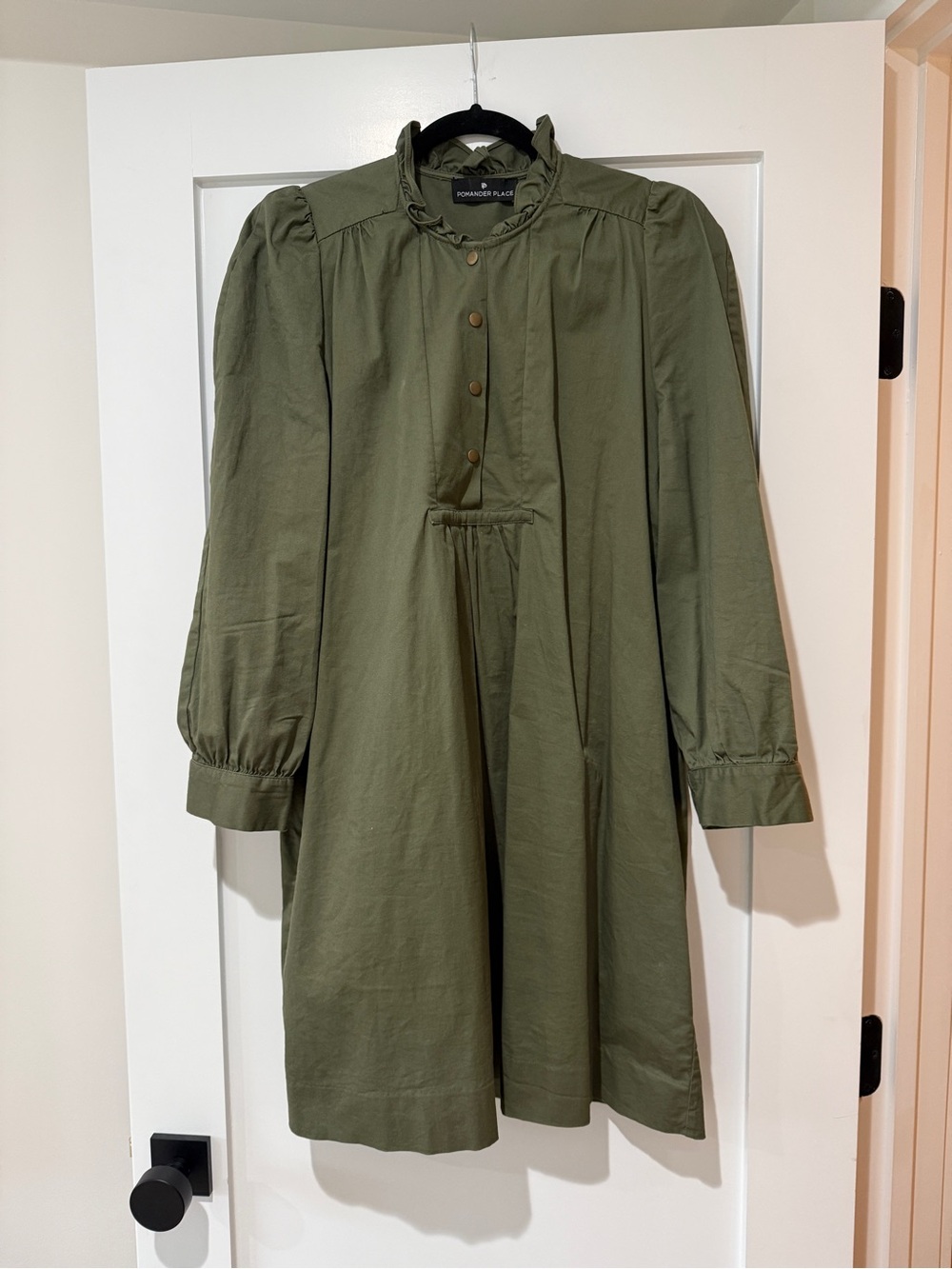 Pomander Place Olive Green Long Sleeve Ruffle-Trim Dress